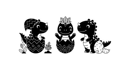 Vector illustration shows three cute baby dinosaurs with simple black and white patterns in playful poses, creating a fun and cheerful scene.のイラスト素材