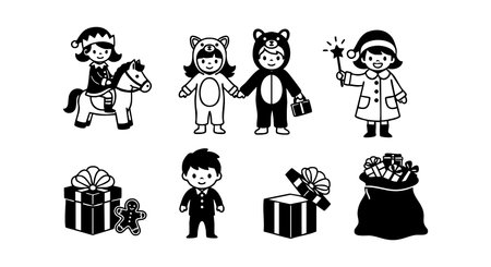 Vector illustration shows children in animal costumes with holiday gift boxes and a bag, creating a cheerful and festive mood.のイラスト素材