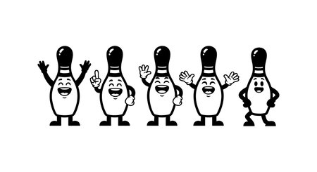 Five bowling pins cartoon characters display different hand gestures and facial expressions in a playful and lively manner. Cheerful mood.のイラスト素材