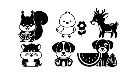 This vector shows cute forest animals and pets with fruits and a flower in black and white, creating a playful and charming mood.のイラスト素材