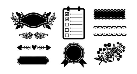 Vector set features decorative black vintage floral labels, checklist, ribbon badge, and ornamental arrows in silhouette style. Classic elegant mood.のイラスト素材