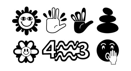 Vector illustration displays hand gesture icons, sun, flower, stacked stones, and numeric symbols in simple black design. Calm and playful mood.のイラスト素材
