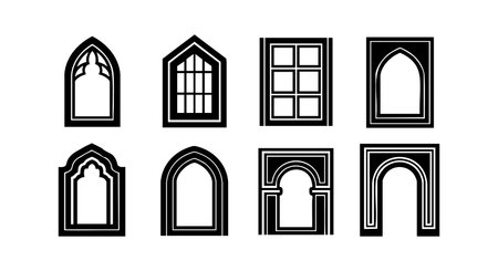 This vector set features black and white gothic and arched window designs showcasing classic architectural styles with distinct shapes, perfect for creative design use and artistic projects. Elegant.のイラスト素材