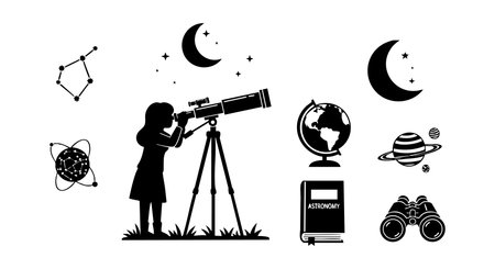 Silhouette of child using telescope to explore the cosmos, surrounded by celestial symbols, planets, and astronomy elements in black and white vector style. Educational and curious mood.のイラスト素材