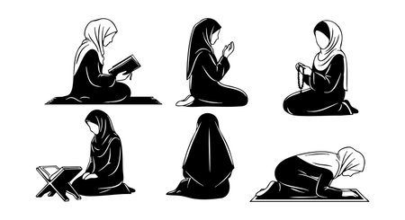 Set of Muslim women wearing hijabs engaged in prayer and Quran reading in various devotional positions, highlighting Islamic faith and spiritual practice. Calm and reverent mood.のイラスト素材