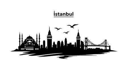 Vector illustration presents Istanbul skyline with famous landmarks, bridge, and flying birds in black silhouette style, creating elegant and bold cityscape. Artistic and modern mood.のイラスト素材