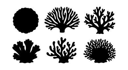 This vector image shows six black coral silhouettes representing various underwater reef shapes in a clean, minimal style. The design is simple and versatile for marine themes. Calm.のイラスト素材