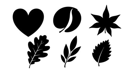 This vector features black silhouettes of a heart and six different autumn leaves, perfect for seasonal nature themes or design projects, creating a simple and elegant mood.のイラスト素材