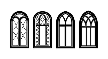 Vector features four gothic style arched window designs showcasing intricate lattice and tracery patterns in black and white, presenting classic architectural elegance and historic charm. Calm.のイラスト素材
