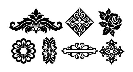 This vector set presents black ornamental decorative design elements with vintage style suitable for borders and frames, showcasing elegant and classic motifs. Artistic and sophisticated mood.のイラスト素材