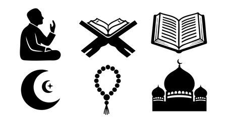 Silhouettes of Islamic religious symbols including a man praying, crescent moon, mosque, prayer beads, and Quran in vector style, conveying spirituality and faith. Calm mood.のイラスト素材