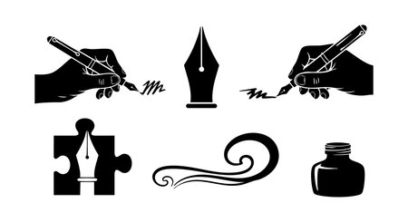 This vector features black silhouette icons of hands writing with fountain pens, a pen nib, ink bottle, puzzle piece with nib, and decorative swirl, creating a classic writing theme. Elegant.のイラスト素材