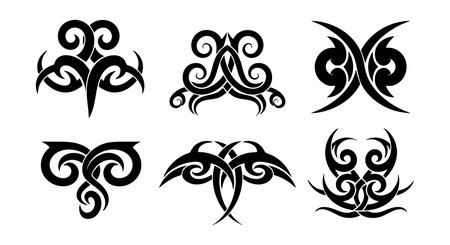 This vector set features six tribal tattoo designs with bold black shapes and symmetrical abstract patterns ideal for body art decoration, presenting a strong and dynamic style.のイラスト素材