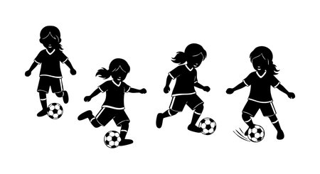 Silhouettes of a girl playing soccer ball demonstrate various dynamic football movements in a simple black and white style. Active, sporty, and energetic mood.のイラスト素材