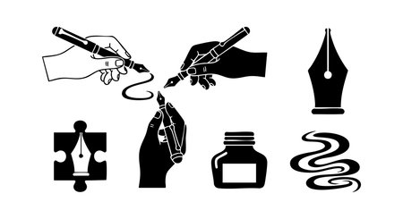 This vector set features hand drawing with ink pen, ink bottle, and nib icons symbolizing artistic creativity and traditional writing tools in black and white. Minimalist style, clear design, professional mood.のイラスト素材