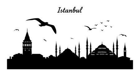Black silhouette of Istanbul skyline including Galata Tower and mosques with flying birds above, presenting a historic and peaceful cityscape in vector style. Calm atmosphere.のイラスト素材