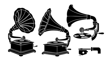 This vector set depicts vintage gramophones featuring classic horn speakers and vinyl records, capturing the retro music era style in black silhouette. Elegant and nostalgic mood.のイラスト素材
