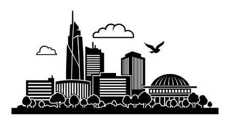 Black and white vector shows modern city skyline with skyscrapers, dome building, trees, clouds, and flying bird in simple silhouette style. Clean and minimal mood.のイラスト素材