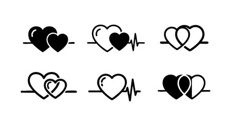 This vector file shows six heart icons with pulse lines and overlapping heart shapes, symbolizing love and health themes. The design is simple, black and white, and clear. Elegant.のイラスト素材