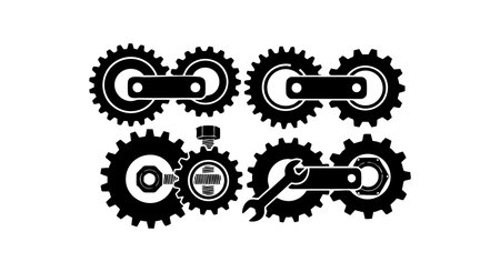 Black silhouette of bicycle chain sprockets with a wrench and oil can, depicting bike maintenance and repair in a clean vector style. Functional and technical mood.のイラスト素材