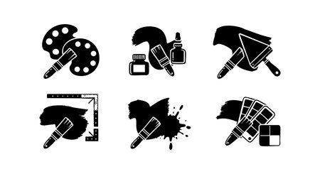 Set of six black paint brush icons paired with palette, paint tubes, trowel, corner ruler, splash, and color swatch, depicting artistic creativity and design work in vector style. Creative mood.のイラスト素材