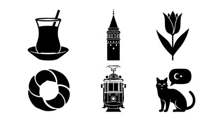 Black silhouette icons present Turkish tea glass, tulip flower, life ring, tower, tram, and cat with speech bubble in a clean vector style, simple and bold mood.のイラスト素材