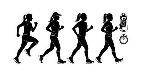 This vector features four female runner silhouettes in different jogging poses alongside a stopwatch and running shoe, conveying fitness and athleticism with a dynamic and active mood.のイラスト素材