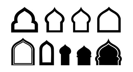 Set of Islamic arch shapes in black and white, featuring ornamental window and door designs in a minimalist vector style, perfect for architecture and cultural projects. Clean and elegant mood.のイラスト素材