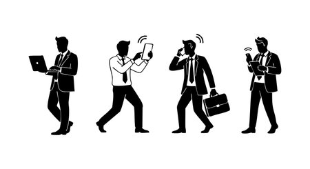 Vector image shows businessman silhouettes engaged in professional activities like using laptop, smartphone, talking on phone, holding briefcase. Clean design conveys busy, dynamic mood.のイラスト素材