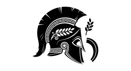 This vector shows a Spartan warrior helmet with laurel wreath and spear in black silhouette style. The design feels bold and historic.のイラスト素材