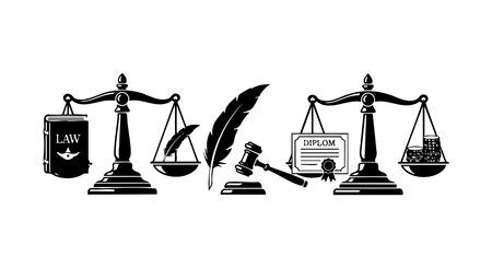 Vector illustration shows justice scales, gavel, diploma, feather pen, and law book symbols representing legal concepts in black and white style. Professional mood.のイラスト素材