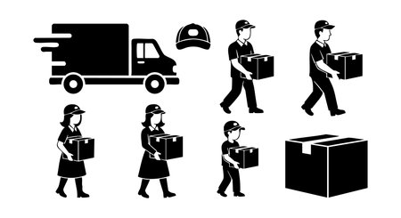 Vector illustration shows delivery man and woman carrying boxes with delivery truck and cap in black silhouette style, conveying efficient logistics mood.のイラスト素材