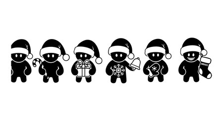 Illustration shows six ninja characters wearing Santa hats holding Christmas gifts, candy cane,...