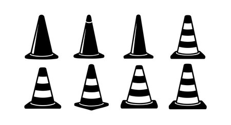 Vector illustration shows traffic cones with striped and solid patterns in black and white, symbolizing road safety and caution with clear contrast. Calm mood.のイラスト素材
