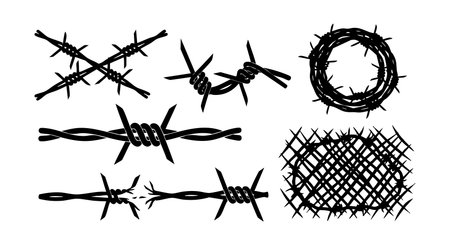 This vector illustration shows rough sketches of barbed wire elements used for security and protection in various designs, evoking a rugged and tense mood.のイラスト素材