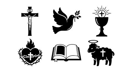 Vector illustration shows Christian religious symbols including cross, dove, chalice, lamb, sacred heart, and bible in black and white style, peaceful mood.のイラスト素材