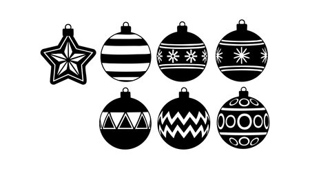 Vector illustration shows seven Christmas ornaments with various star and stripe designs in black and white, festive and simple mood.のイラスト素材