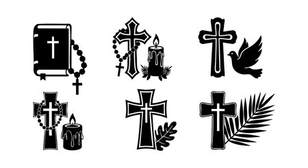 Black silhouette Christian symbols include crosses, candles, Bible, dove, palm branch, and rosary beads in vector style. Spiritual and solemn mood.のイラスト素材
