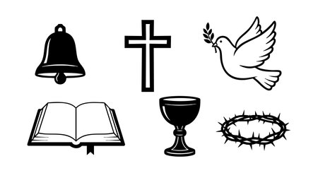 Vector illustration shows Christian symbols including cross, Bible, dove, chalice, crown of thorns, and bell in black silhouette style. Peaceful mood.のイラスト素材