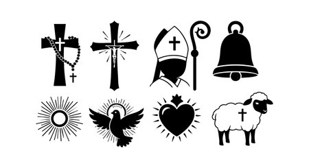 Set of religious icons featuring crosses, bishops staff, dove, sacred heart, bell, and lamb in black and white vector style, peaceful mood.のイラスト素材