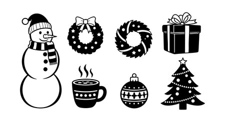 Black and white Christmas icons include snowman, wreaths, gift, hot drink, ornament, and tree in festive style. Cheerful mood.のイラスト素材