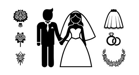 Illustration shows bride and groom holding hands with wedding rings, bouquets, veil, and floral decorations in black silhouette style, elegant mood.のイラスト素材