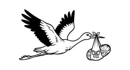 Black and white vector illustration shows stork flying with a newborn baby bundle in its beak, symbolizing birth and delivery, charming mood.のイラスト素材