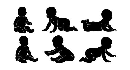 Vector illustration showing baby silhouettes in different sitting and crawling positions, emphasizing movement and early childhood development, calm mood.のイラスト素材