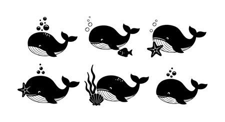 Vector illustration shows six whales with bubbles, starfish, fish, and seaweed in black and white, creating a playful underwater scene. Cheerful.のイラスト素材