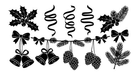 This black and white vector illustration shows a Christmas garland with bells, bows, pine cones, holly, and pine branches in a festive mood.のイラスト素材