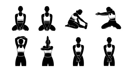 Silhouettes show a person performing various yoga poses and stretches for flexibility and strength in a calm setting. Peaceful mood.のイラスト素材