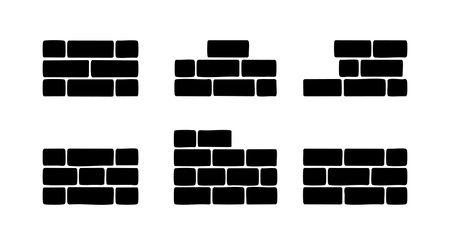 Vector illustration shows six black brick wall sections with different brick layouts on white background, simple and clean style, neutral mood.のイラスト素材
