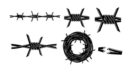 Vector set of barbed wire elements including straight, twisted, and coiled designs in black silhouette style. Industrial and sharp mood.のイラスト素材