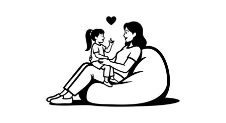 Illustration shows mother and daughter bonding with a love heart above them in a simple black and white style, creating a warm mood.のイラスト素材